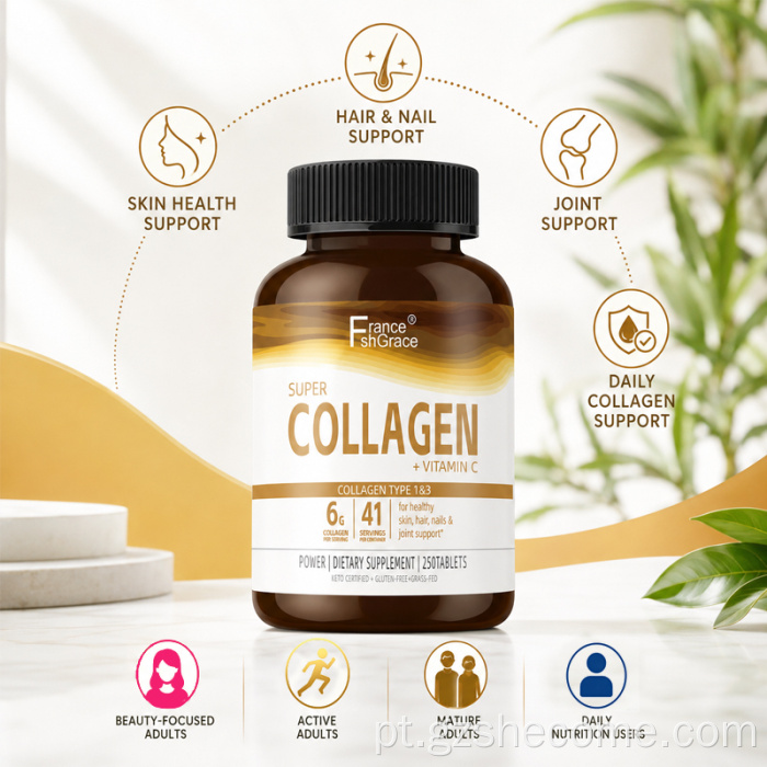 Comprimidos de super colágeno Shecome apoiam as unhas dos cabelos da pele